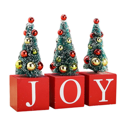3 Pcs Christmas Tree 12cm w/ JOY Wooden Sign Decoration
