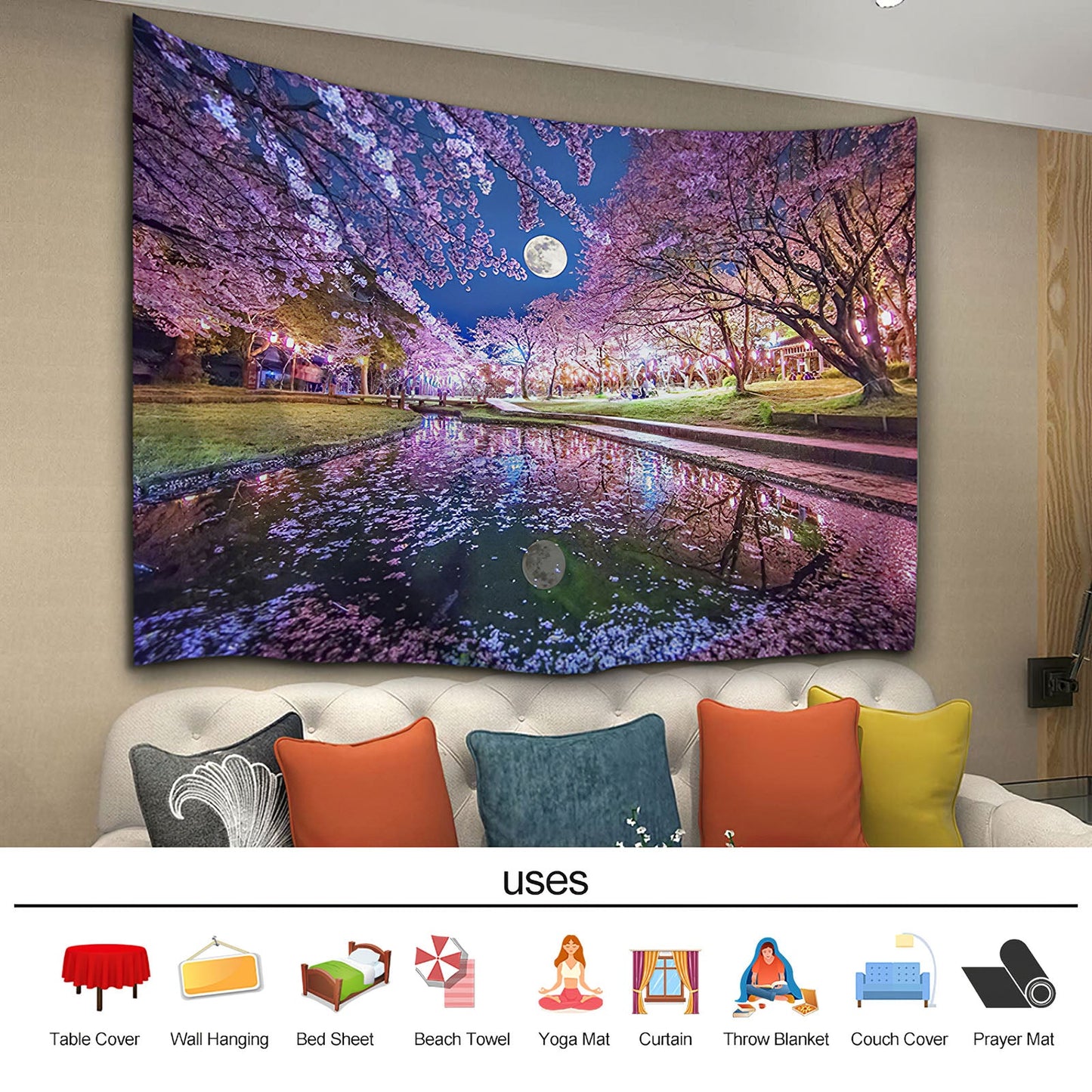 Moon Night Cherry Blossom Tapestry for Home Decoration