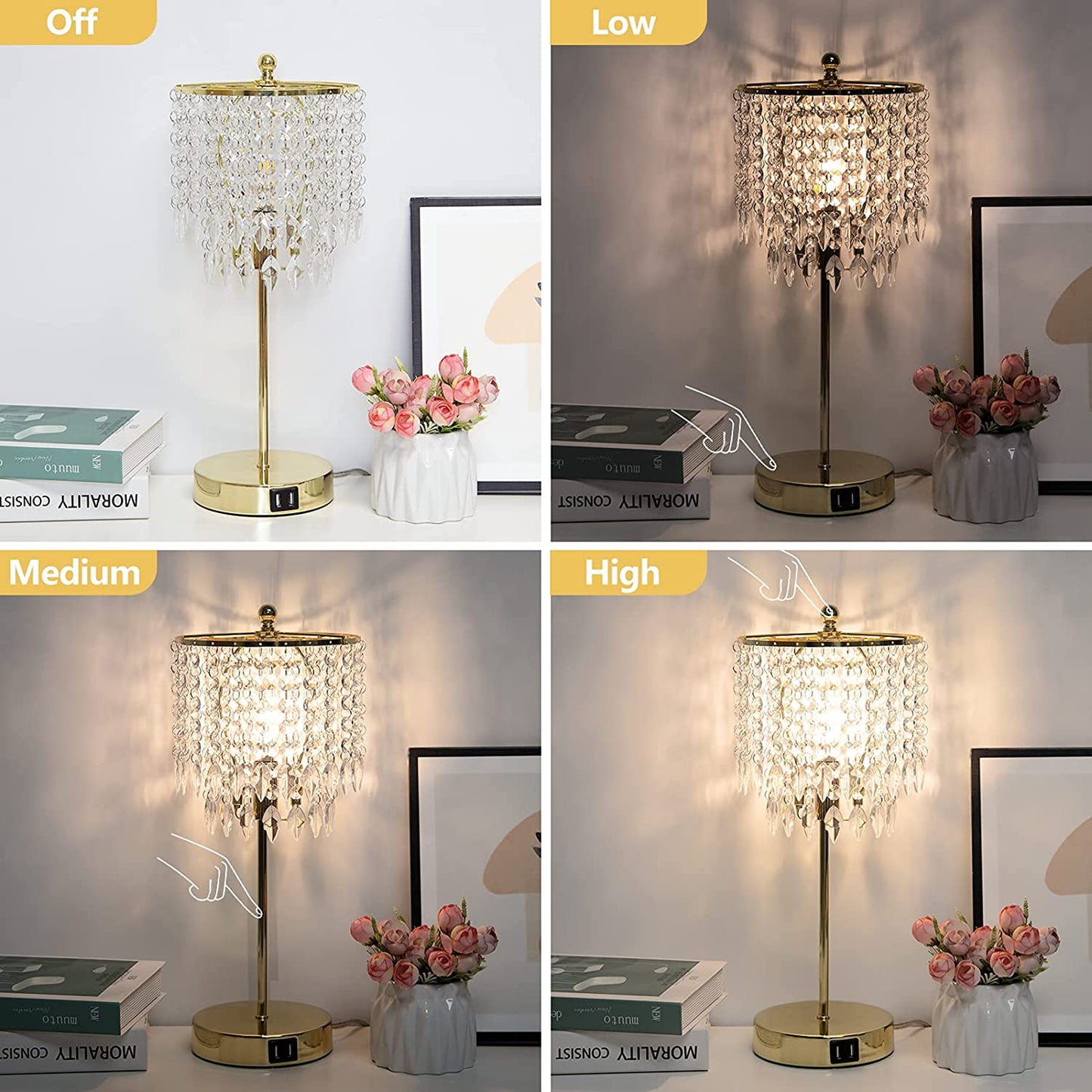 Crystal Touch Control Table Lamp w/ 2 USB Charging Ports