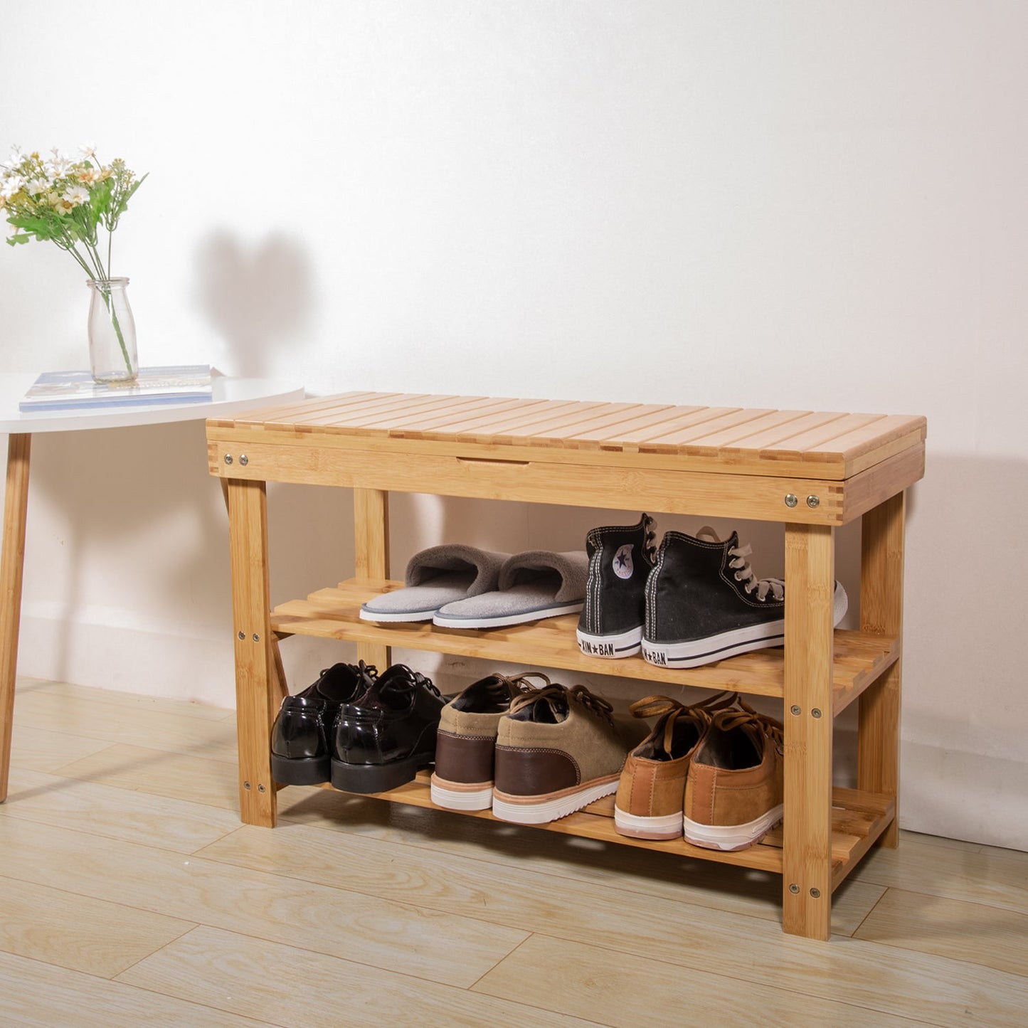 Bamboo 3 Tier Entryway Shoe Bench w/ Storage Drawer