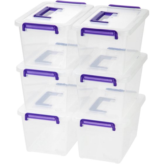Medium Deep Modular Latching Box - Purple Handle, 6 Pack, Clear