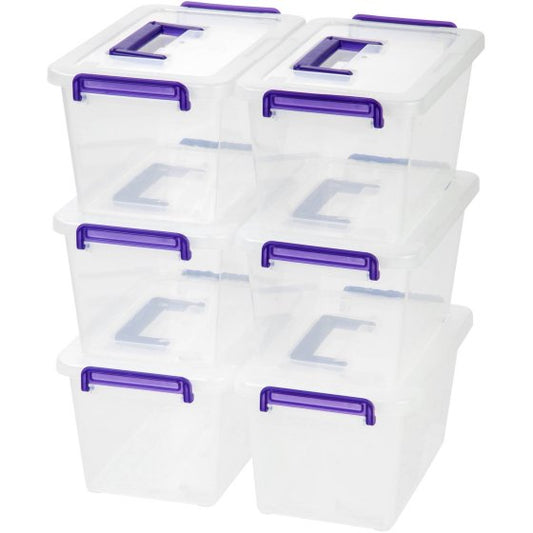 Medium Deep Modular Latching Box - Purple Handle, 6 Pack, Clear