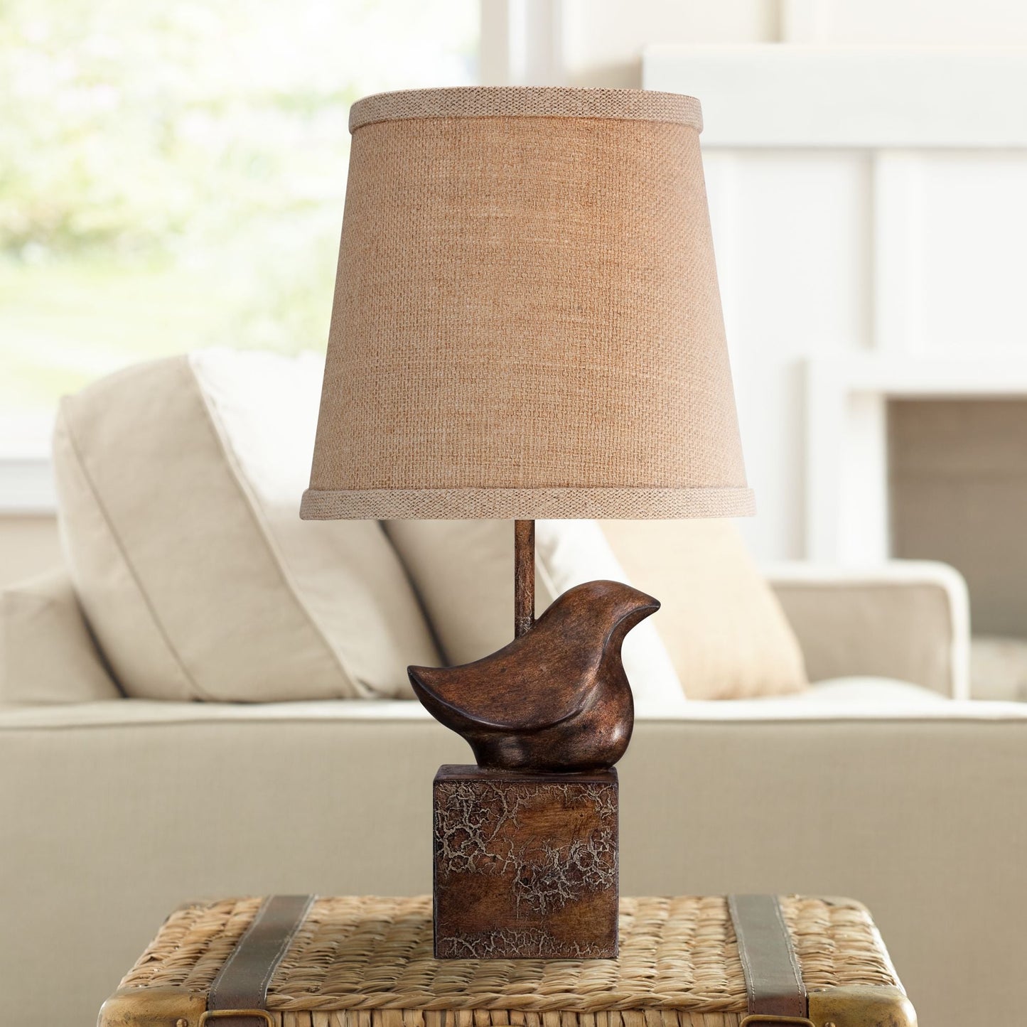 Cottage Accent Table Lamp 15 1/2" High Bronze Crackle Bird Burlap