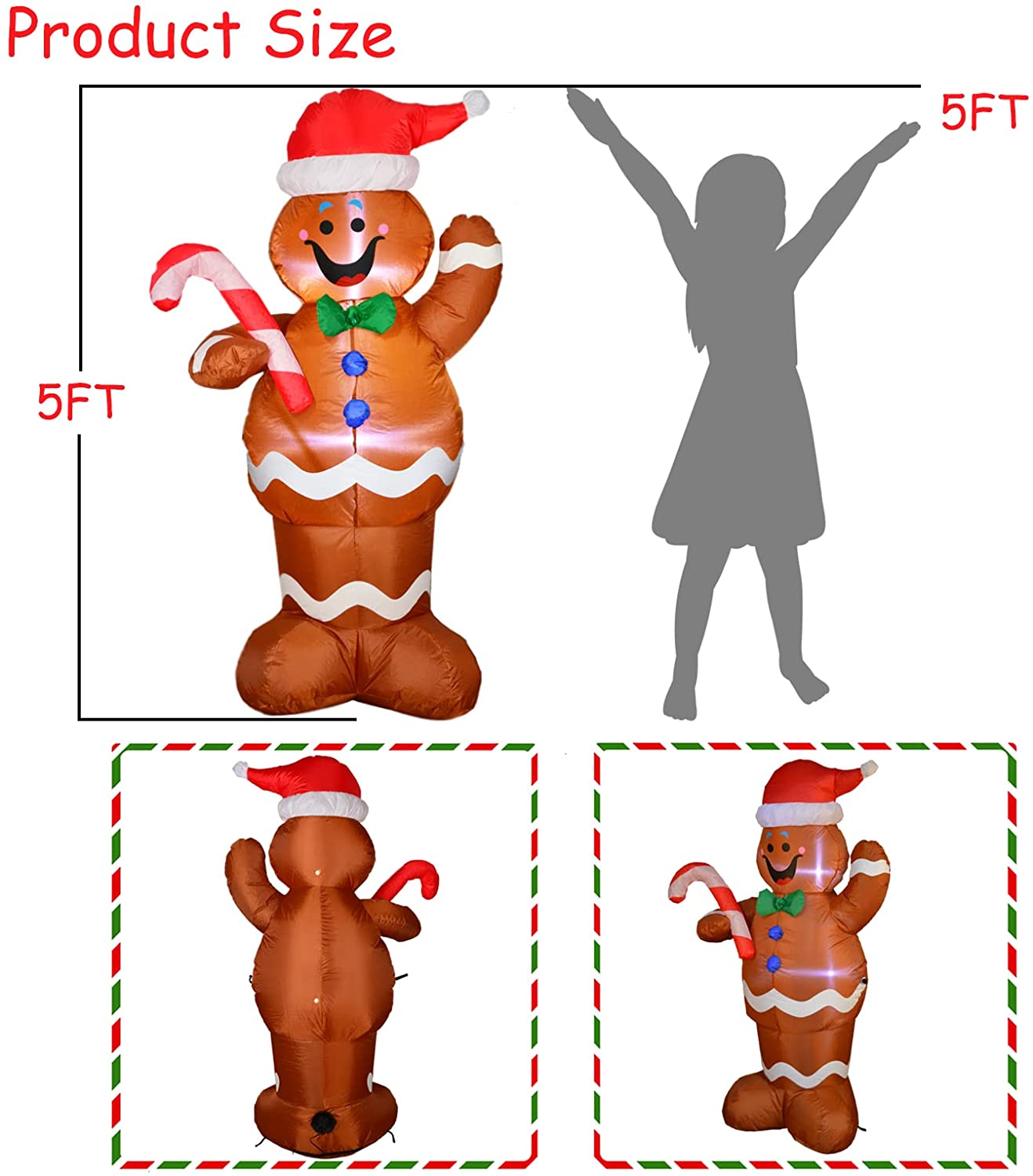 5ft Inflatable LED Lighted Gingerbread Man with Candy Cane Blow up Outdoor Yard Decoration