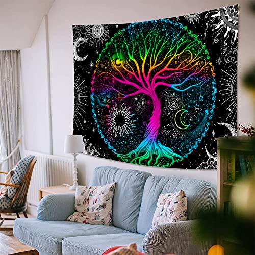 Tree of Life Sun Moon Galaxy Space Colorful Aesthetic Tapestry (60×80 inches)