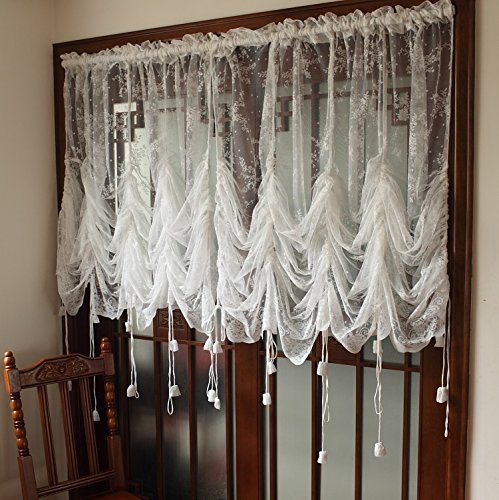 Lace Balloon Curtain White Adjustable Tie-Up Curtain Shade, Embroidered Semi Sheer 1 Panel