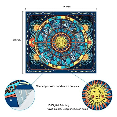 Psychedelic Sun and Moon Zodiac Constellation Burning Sun Astrology Tapestry