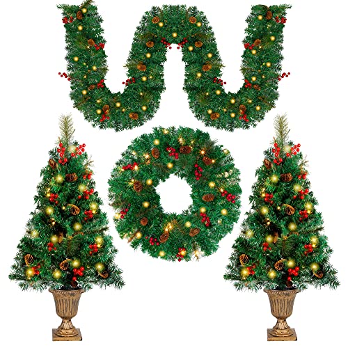 Christmas Decorations 4Piece Set, Pre-Lit Artificial Entrance Trees Set of 2, Wreath & Garlands