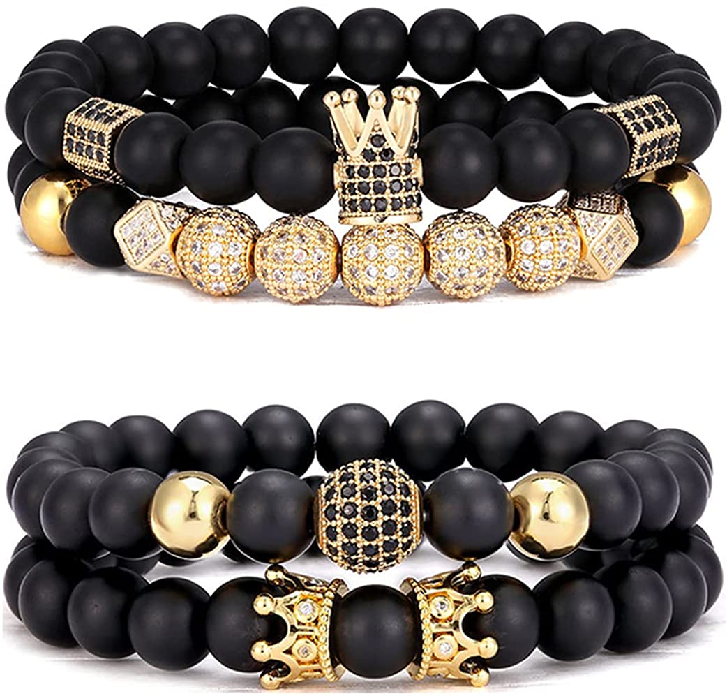 4Pcs 8mm Crown King Charm Beads Bracelet Natural Black Matte Onyx Stone Beads Elastic Adjustable