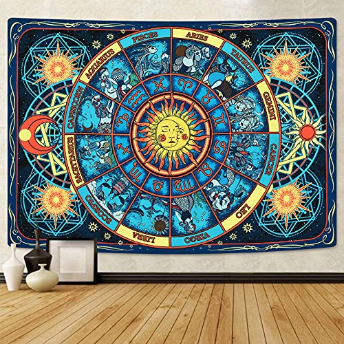 Psychedelic Sun and Moon Zodiac Constellation Burning Sun Astrology Tapestry