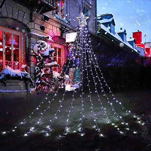 Christmas Star String Lights 317 LED  Waterproof String Lights with Star Topper, 8 Lighting Modes Waterfall Lights for Tree Decor