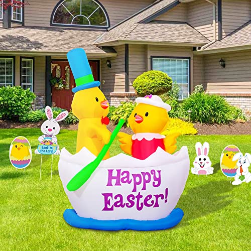 5.5 FT Inflatables Chickens Riding Boat Built-in Flashing LED Light, Easter Inflatables Decorations