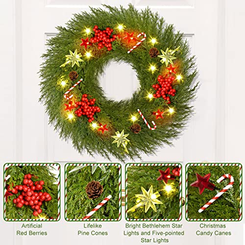 Pre-lit Christmas Wreath Decoration for Front Door w/ Hanger 18" Battery Operated