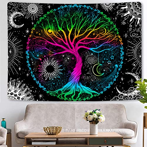 Tree of Life Sun Moon Galaxy Space Colorful Aesthetic Tapestry (60×80 inches)