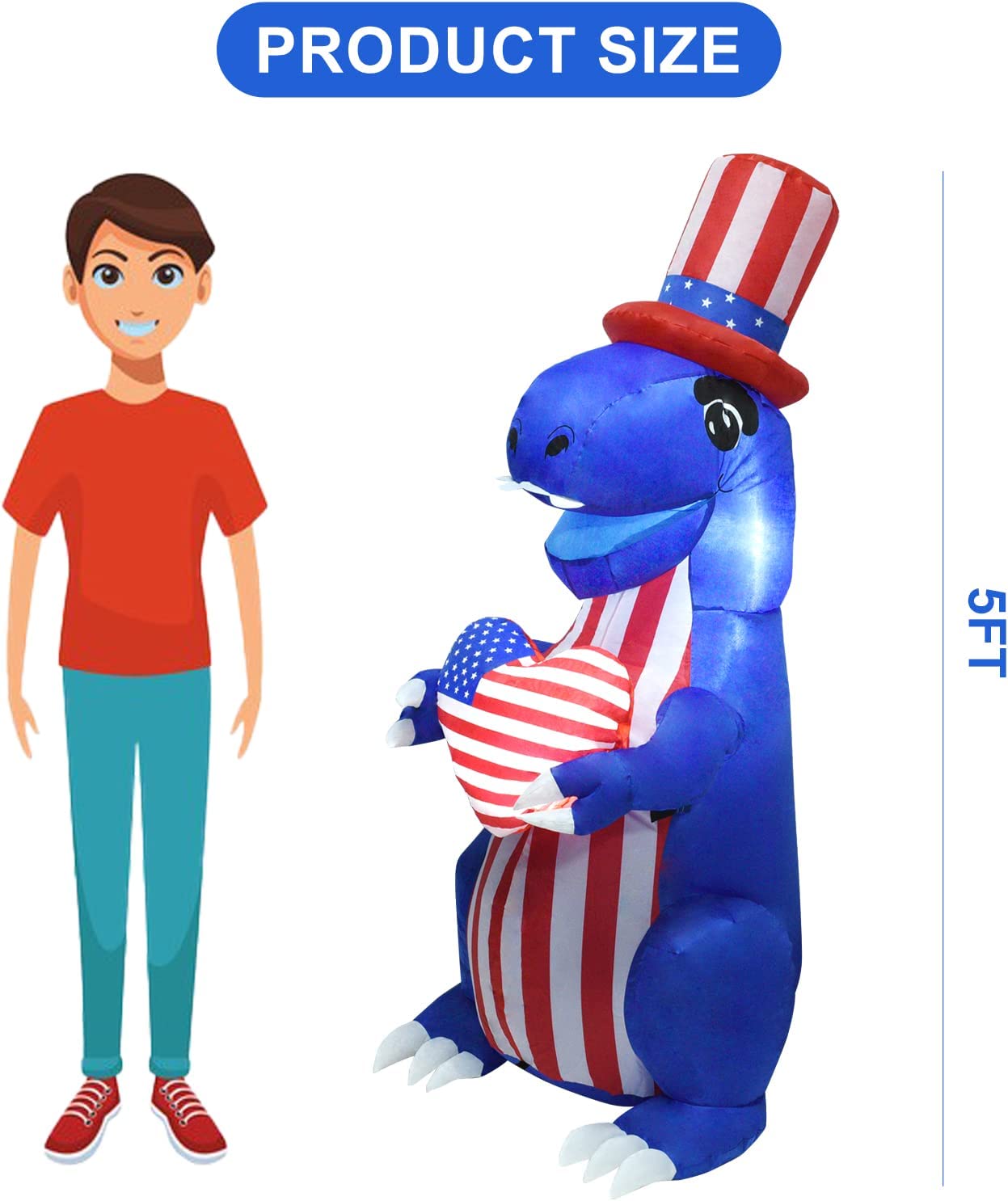 5ft Independence Day Dinosaur Inflatable Outdoor Decoration w/ Built-in LED Lights