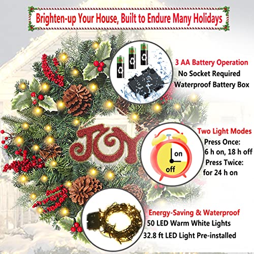 Christmas Wreaths for Front Door, 24 Inch Pre-lit w/ 50 LED Lights Battery Operated