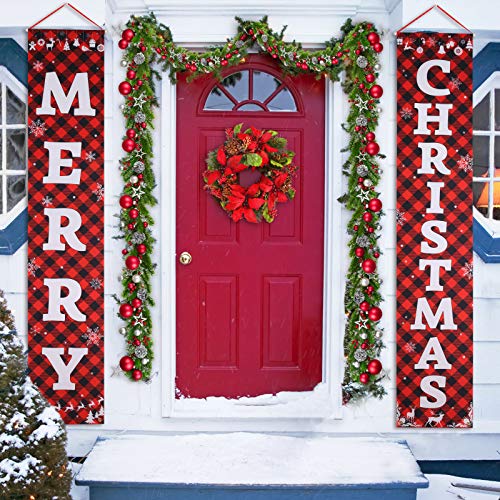 Merry Christmas Banners Porch Sign - Large Red Plaid Christmas Front Door Decorations Outdoor Decor  71”x14”