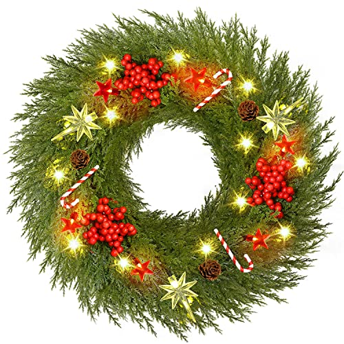 Pre-lit Christmas Wreath Decoration for Front Door w/ Hanger 18" Battery Operated