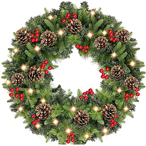 30 Inch Large Prelit Christmas Wreath with 80 Warm Lights Timer Pine Cone Red Berries Battery Operated