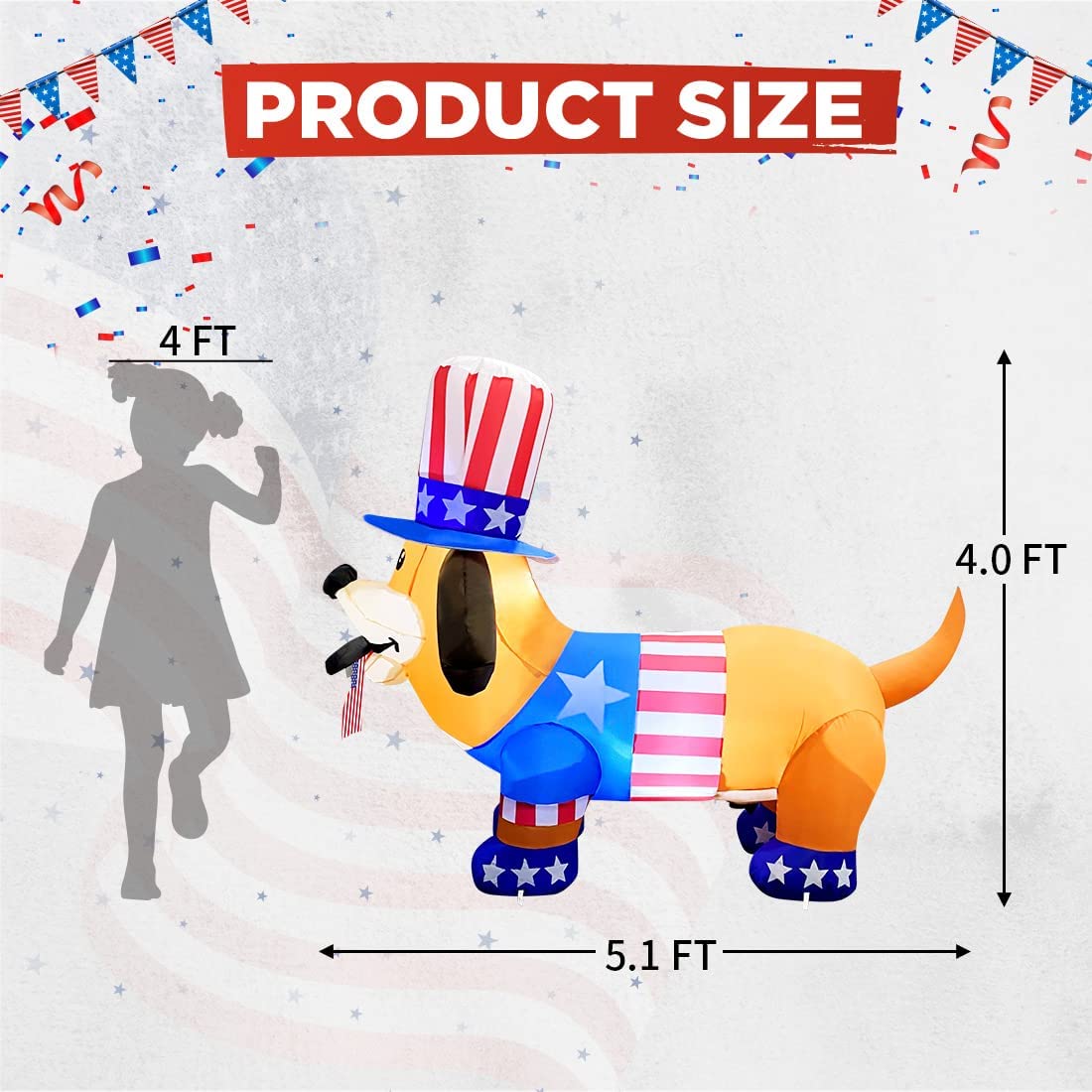 Independence Day July 4th Inflatable 4FT Dog w/ American Flag & LEDs