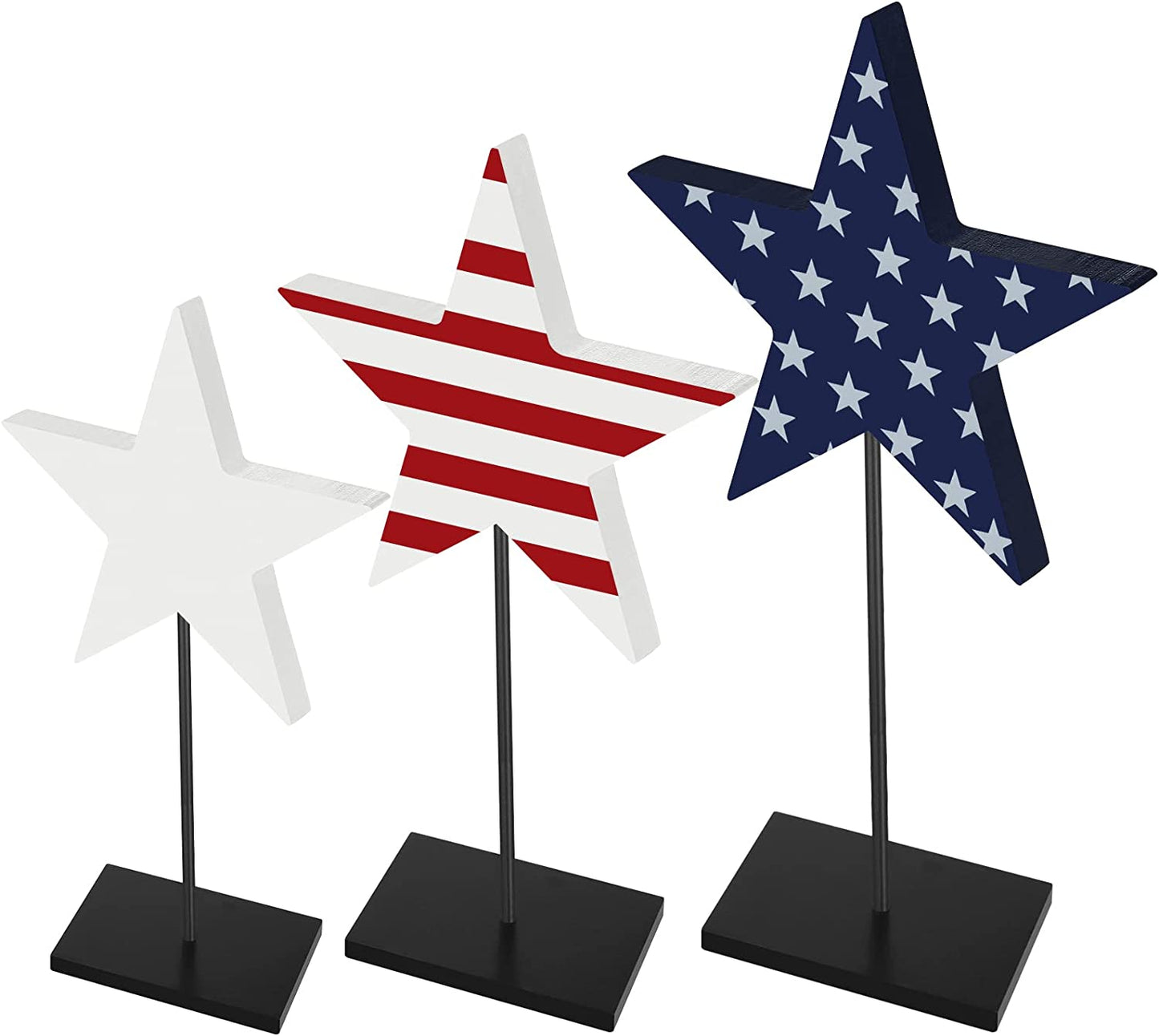 3 Pieces 4th of July Patriotic Decorations Wood Star  (Flag Style)