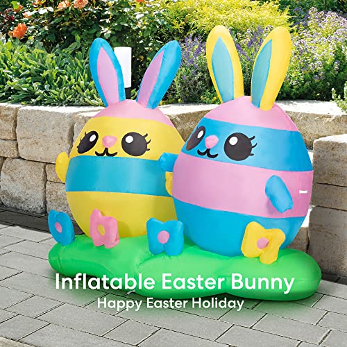 4ft Multi Colored Inflatable 2 Easter Bunny Pastel Rabbit Eggs w/ Flower Field Built-in LEDs