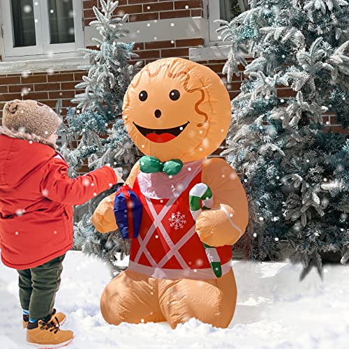 4 Foot Christmas Inflatables Gingerbread Man Christmas Decoration Outdoor Blow up Candy Cane Gift Box with LED Lights