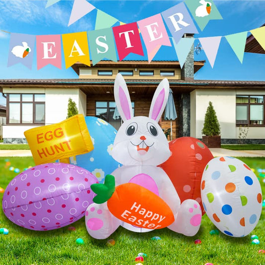 6 Feet Long Easter Blow up Rabbit Colorful Giant Eggs & Carrot for Easter Decor