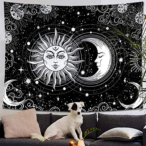 Sun and Moon Star Burning Sun with Stars Floral Mystic Aesthetic Wall Tapestry ( Black and White )