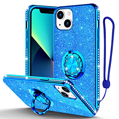 Phone Case for iPhone 13, Glitter Protective Case w/ 360 Degree Ring Stand