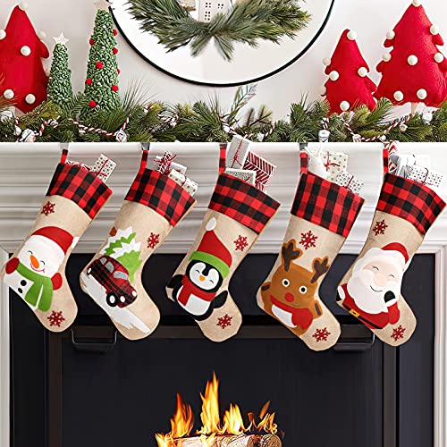 Christmas Stockings 5 Pack 18'' Large Burlap Christmas Stockings Decorations