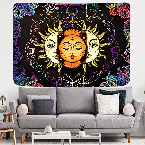 Psychedelic Sun and Moon Burning Sun Black Colorful Moon and Stars Tapestry ( 51.2 × 59.1 inches)