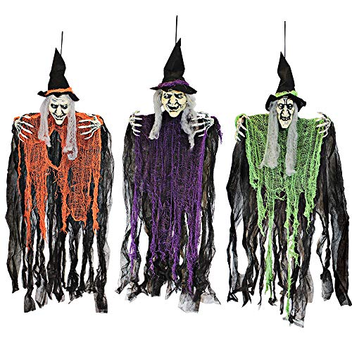 3 Pack 35.3" Hanging Witch with Bendable Arms, Halloween Indoor and Outdoor Decorations