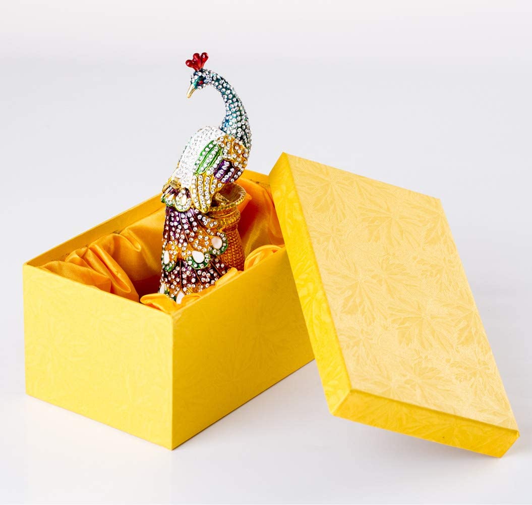 Hand Painted Peacock Figurine Enamel Hinged Jewelry Trinket Box Unique Gift with MUCH CRYSTALS For Home Decor