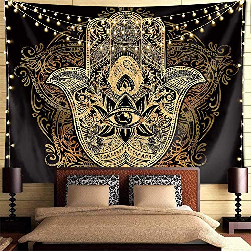 Spiritual Psychedelic Trippy Tapestry Black Gold Hamsa Hand Tapestry