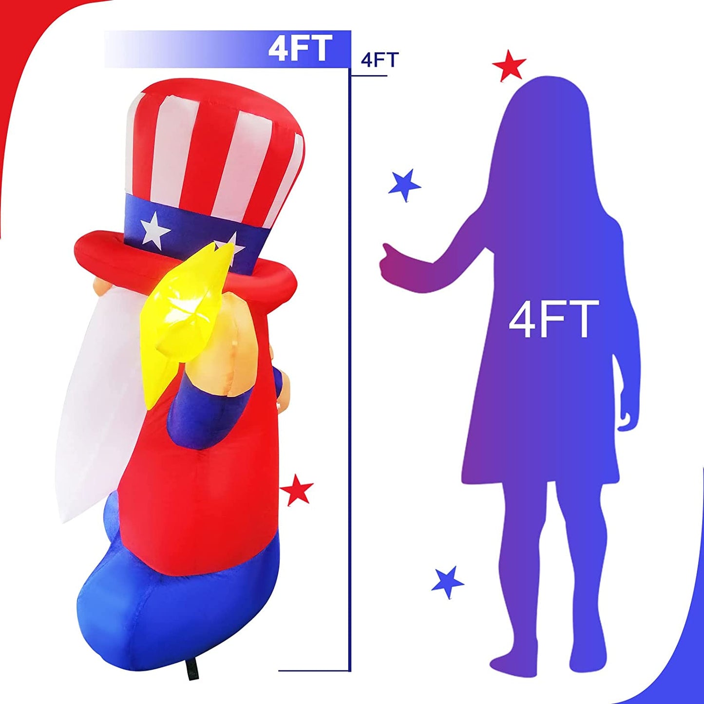 7ft Length Patriotic Independence Day Inflatable,4ft Blow Up Gnome w/ LEDs