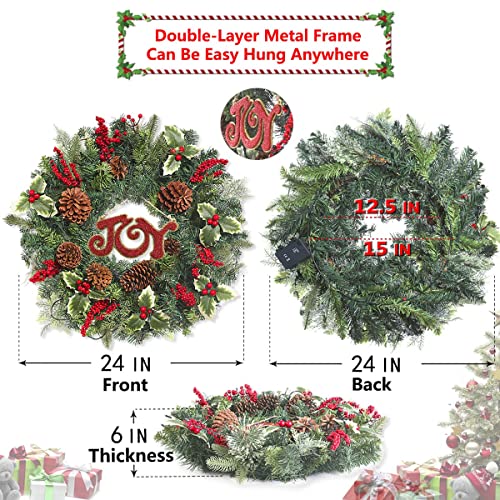 Christmas Wreaths for Front Door, 24 Inch Pre-lit w/ 50 LED Lights Battery Operated