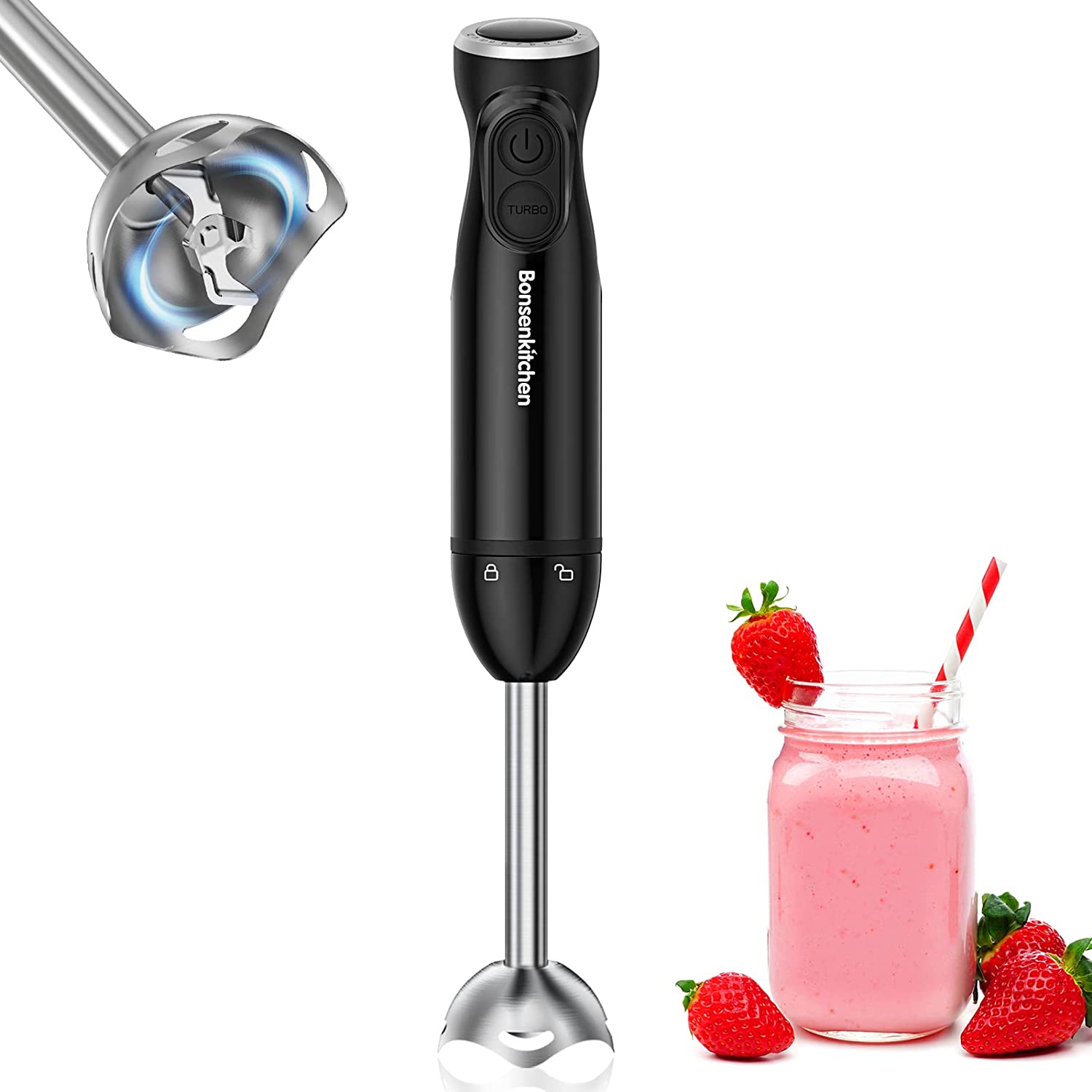 1 Basic Kitchen Handheld Blender, 2 Types of Speed Control 12 Variable Speeds or Turbo, Immersion Blender Stick Mixer w/ Stainless Steel Blades