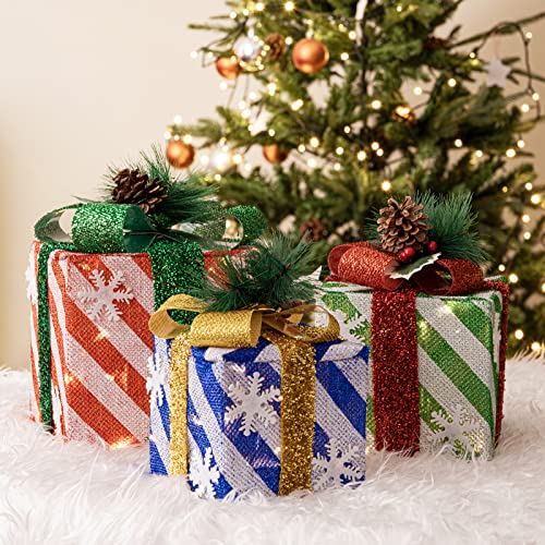 Set of 3 Christmas Lighted Gift Boxes w/ Bows