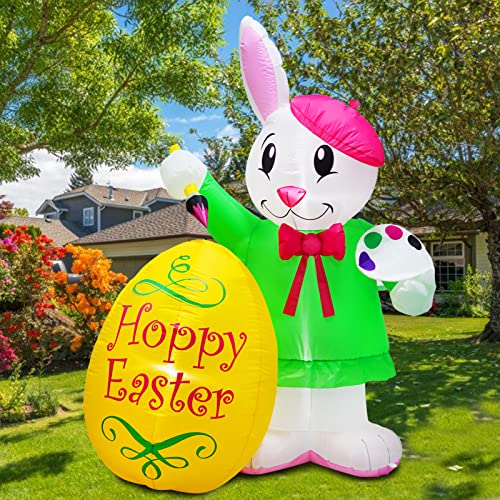 6 Ft Inflatable Artist Bunny Holding Paintbrush w/ Lighted Egg