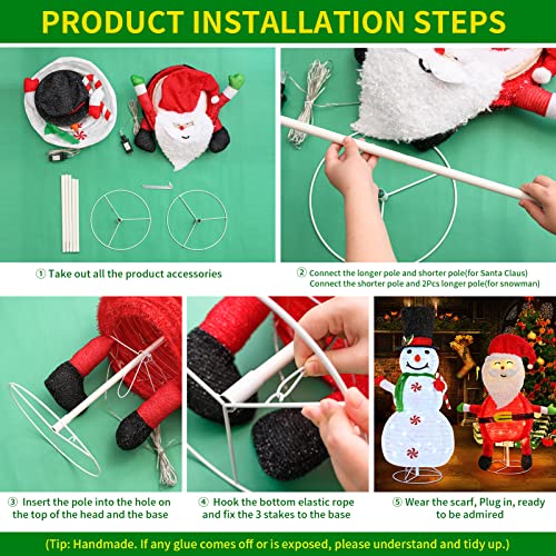 Set of 2 Collapsible 3.0FT Snowman 2.6FT Santa w/ 100 LEDs Plug-in  Christmas Decoration