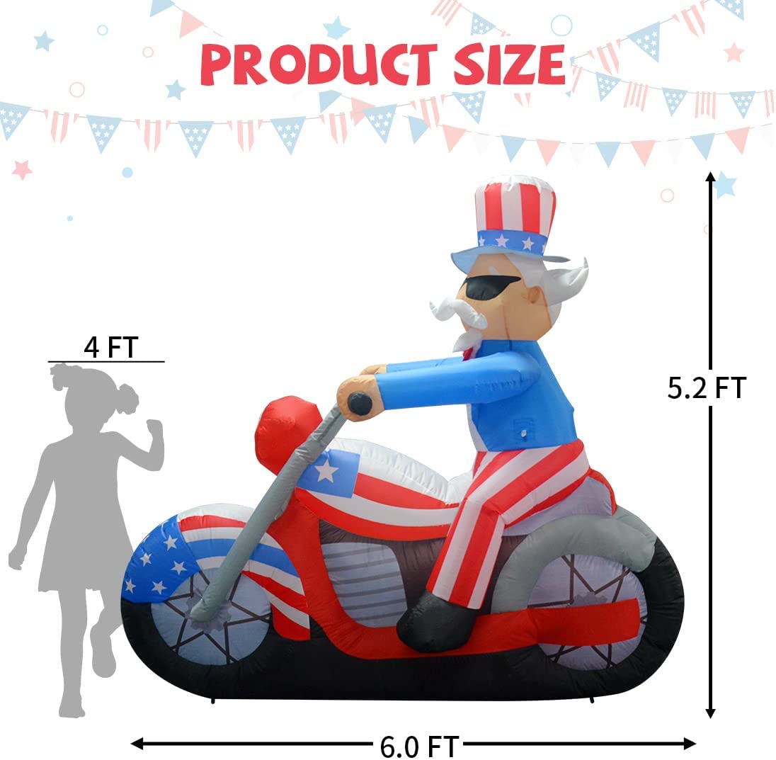4th of July Patriotic Inflatable 6FT Width Uncle Sam Blow Up Yard Decorations with LED Lights