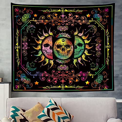 Psychedelic Blacklight Trippy Sun and Moon Stars UV Reactive Skull Tapestry 60x51 inch