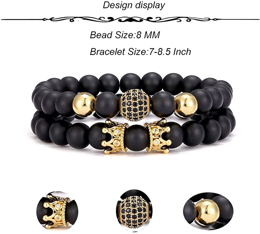 4Pcs 8mm Crown King Charm Beads Bracelet Natural Black Matte Onyx Stone Beads Elastic Adjustable