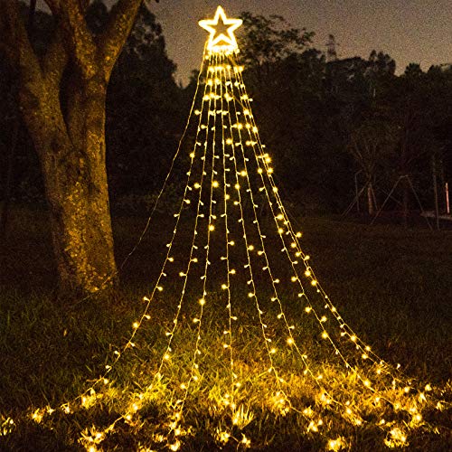 Christmas Star String Lights 317 LED  Waterproof String Lights with Star Topper, 8 Lighting Modes Waterfall Lights for Tree Decor