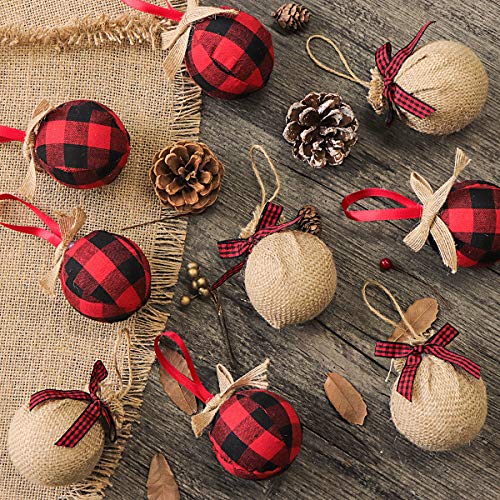 12 Pcs Red Black Buffalo Check Plaid Stitching Burlap Christmas Tree Ornaments