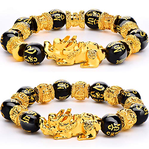 2 Pieces 12 mm Feng Shui Bead Bracelet with Hand Carved Black Amulet