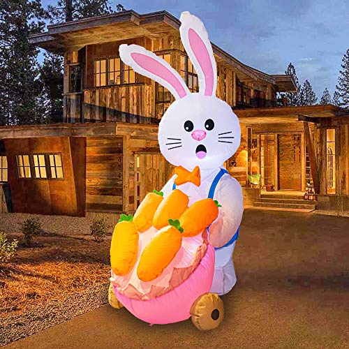 5 Ft Inflatable Easter Day Decoration, Blow Up Bunny & Cart w/ 5 Carrots in It- Lighted