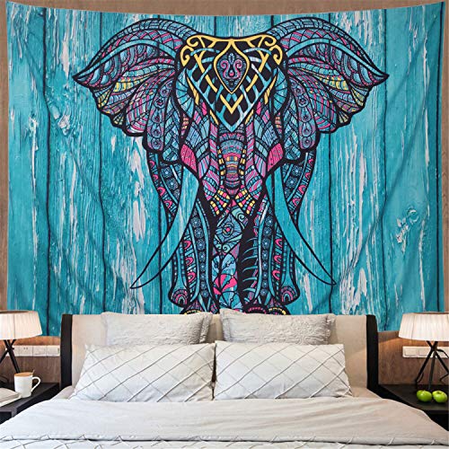 Elephant Tapestry Vintage Blue Old Wooden Plank Tapestry