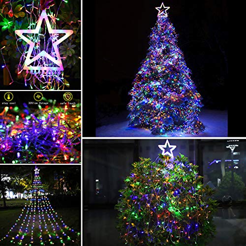 Christmas Star String Lights 317 LED  Waterproof String Lights with Star Topper, 8 Lighting Modes Waterfall Lights for Tree Decor